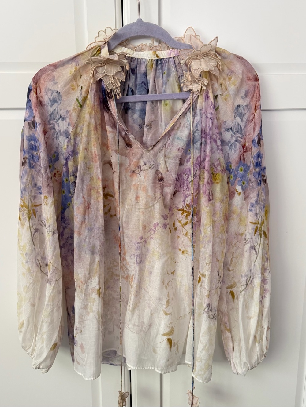 Zimmermann Sheer Floral V-Neck Long-Sleeve Blouse in Pastel Multicolor